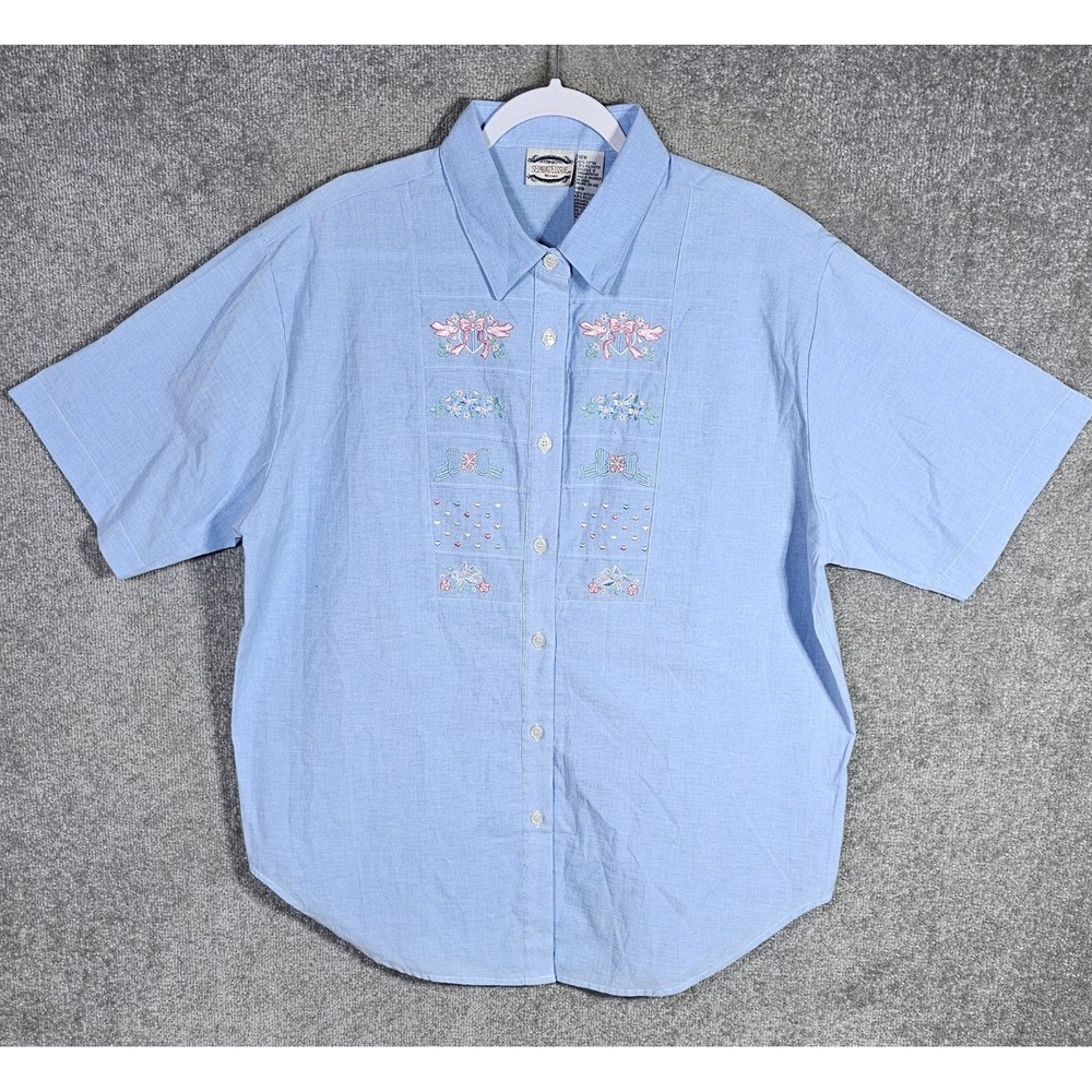 Separate Issue Top Womens 18W Blue Embroidered Bird Floral Button Up Grandmacore